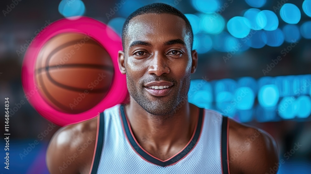 Smiling male basketball player, with blurry court and ball. Smiling male basketball player, with blurry court and ball.