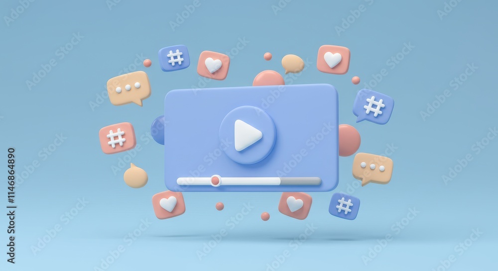 3D illustration of a floating video player interface featuring a play button and progress bar 3D illustration of a floating video player interface featuring a play button and progress bar