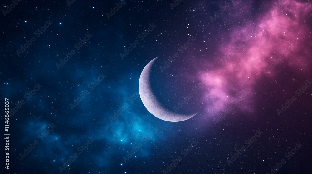 A serene celestial scene featuring a crescent moon surrounded by vibrant cosmic clouds of blue and pink, evoking a sense of tranquility and wonder. A serene celestial scene featuring a crescent moon surrounded by vibrant cosmic clouds of blue and pink, evoking a sense of tranquility and wonder.