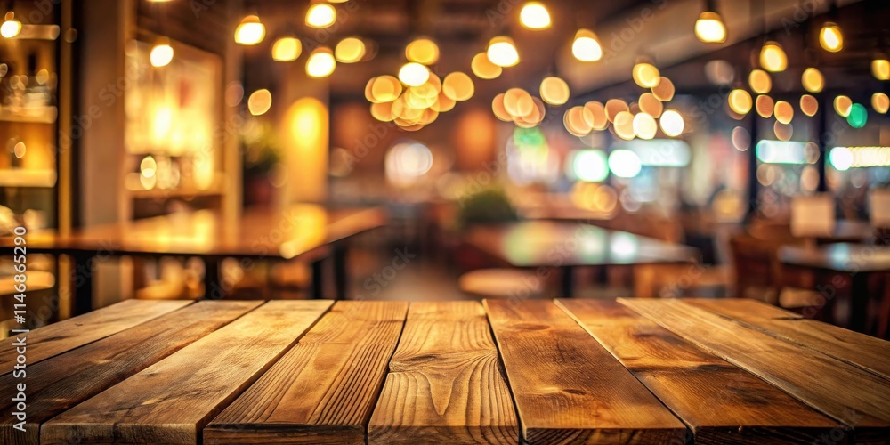 Warm, inviting wooden tabletop with a blurred background of a cozy restaurant setting, illuminated by hanging string lights Warm, inviting wooden tabletop with a blurred background of a cozy restaurant setting, illuminated by hanging string lights