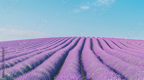 Lush lavender fields under a clear blue sky, close-up shot, Minimalist style