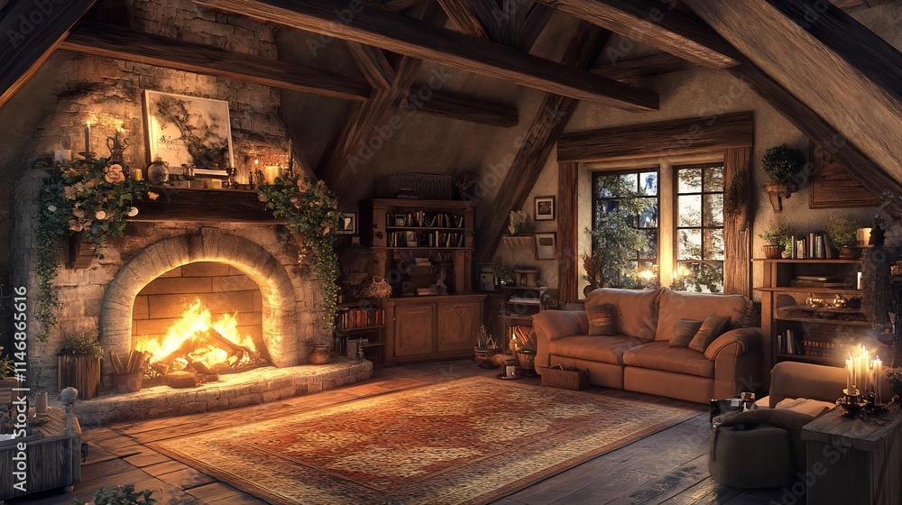 Cozy rustic attic room with fireplace, sofa, and bookshelves. Cozy rustic attic room with fireplace, sofa, and bookshelves.