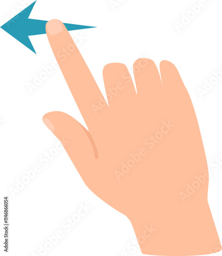 Cartoon hand making a swiping left gesture with the index finger and a blue arrow following the movement, representing navigation, user interface interaction, or decision making