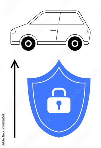 Car arrow blue shield with lock. Ideal for automotive safety, security, protection, vehicle insurance, theft prevention, secure travel, defensive driving. Line metaphor