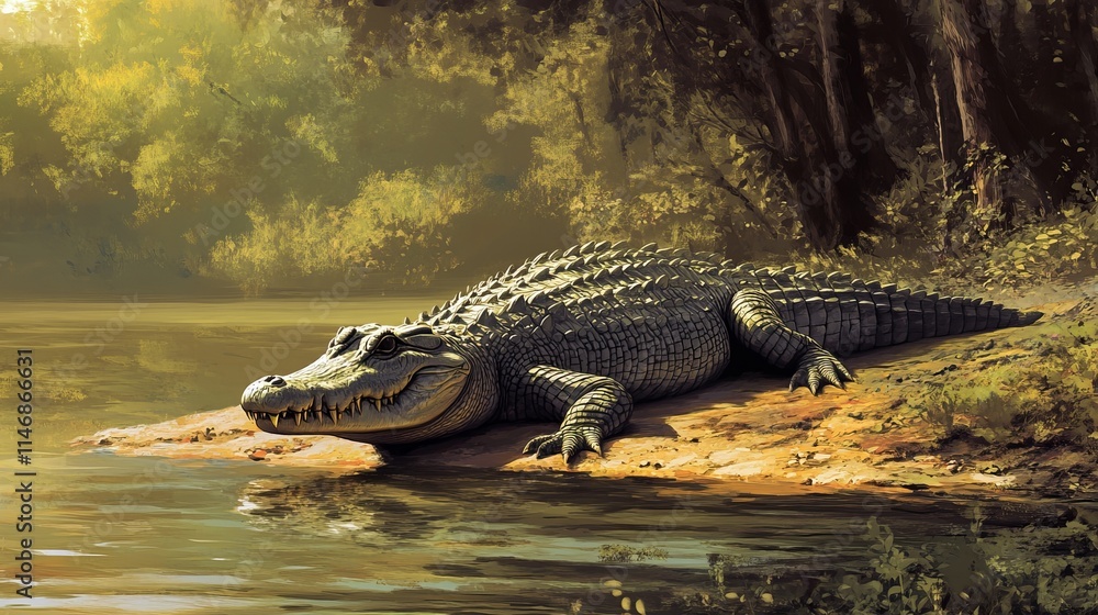 A large alligator rests on the riverbank, basking in the warm sunlight filtering through the lush, green foliage. The scene evokes a sense of tranquility and wild beauty. A large alligator rests on the riverbank, basking in the warm sunlight filtering through the lush, green foliage. The scene evokes a sense of tranquility and wild beauty.