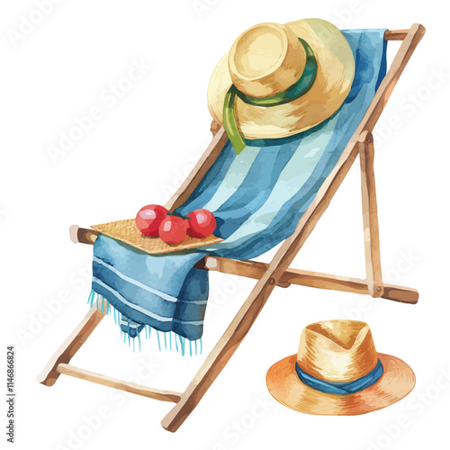 A watercolor vector of a beach chair with a towel and a hat, isolated on a white background. Beach chair towel hat vector.
