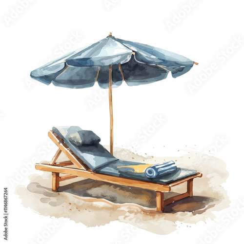 A watercolor clipart of a beach lounger under a parasol, isolated on a white background. Beach lounger parasol vector.
