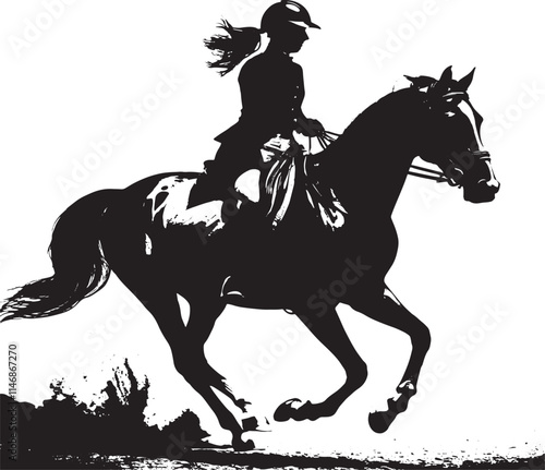 A black silhouette of a crowned figure riding a horse