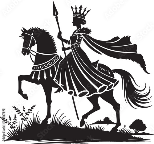 Regal Knight Riding Horse with Crown and Spear Vector Illustration