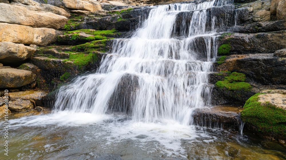 Serene ambiance and relaxing spiritual, A serene waterfall cascades over moss-covered rocks, creating a peaceful atmosphere amidst nature's beauty. Serene ambiance and relaxing spiritual, A serene waterfall cascades over moss-covered rocks, creating a peaceful atmosphere amidst nature's beauty.