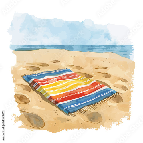 A watercolor vector of a beach towel spread out on the sand, isolated on a white background. Beach towel spread out vector.
