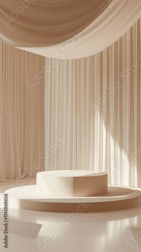 A serene minimalist interior featuring flowing draped curtains and a round pedestal  bathed in soft natural light and neutral tones.