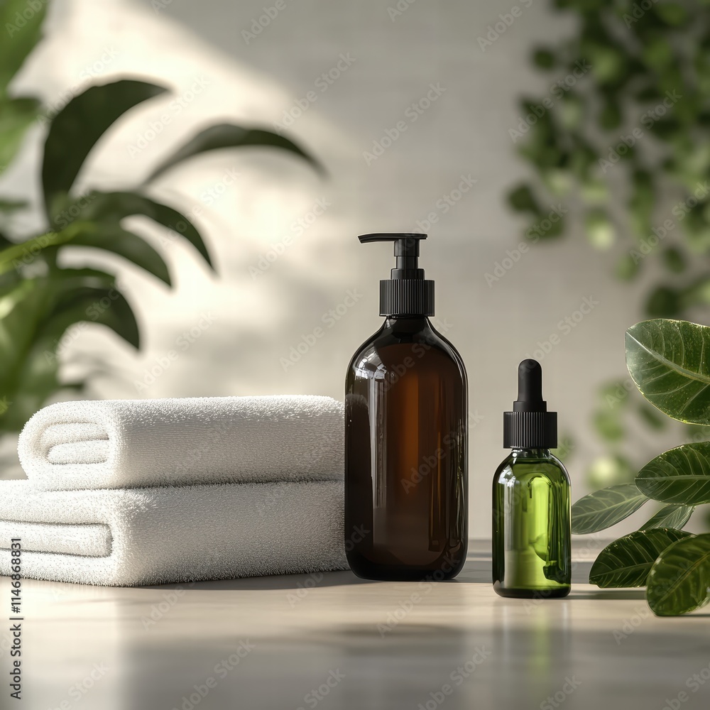 Two elegantly styled bottles sit among plush towels in a tranquil spa setting. The green and brown containers exude a calming atmosphere, complemented by lush greenery Two elegantly styled bottles sit among plush towels in a tranquil spa setting. The green and brown containers exude a calming atmosphere, complemented by lush greenery