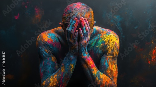 A man praying with his hands folded, wearing colorful in abstract painting, against a black background, high definition photography, colorful ink and wash illustration,