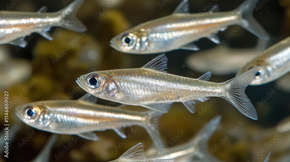 School of Small Silver Fish Swimming Gracefully in Underwater Habitat Surrounded by Aquatic Plants and Clear Water in Natural Environment School of Small Silver Fish Swimming Gracefully in Underwater Habitat Surrounded by Aquatic Plants and Clear Water in Natural Environment