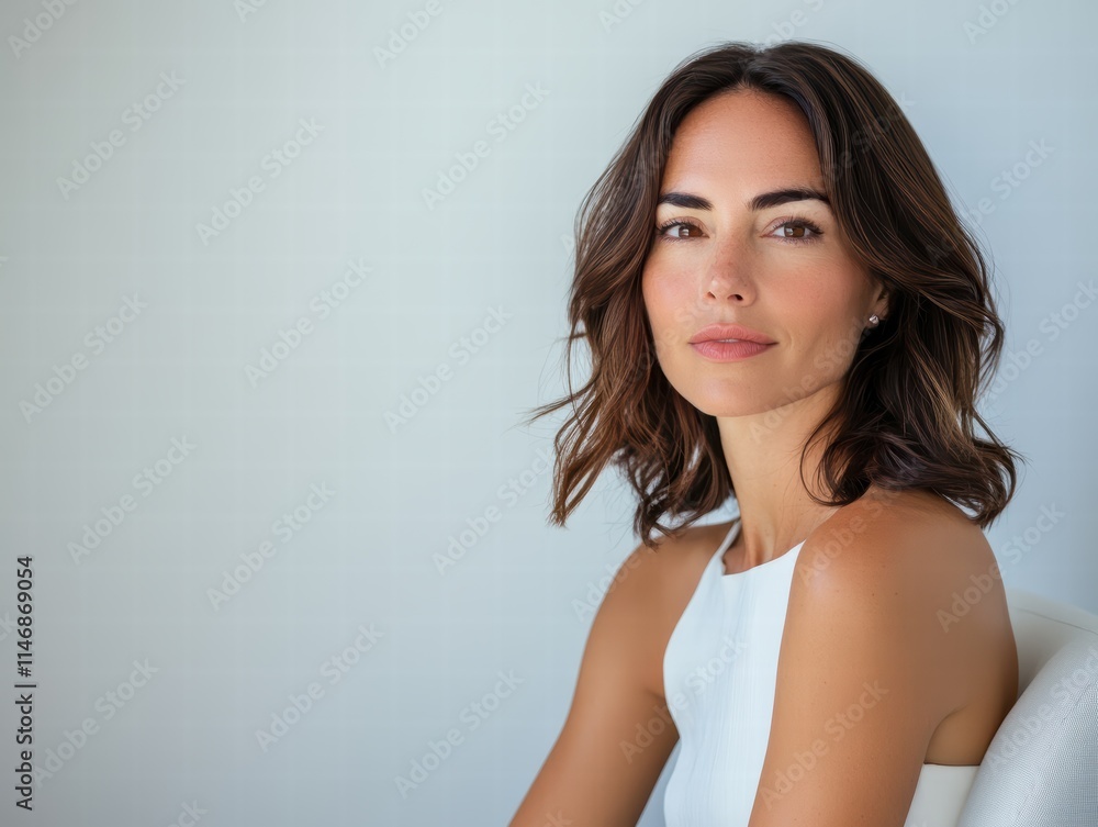 A woman with shoulder-length wavy hair gazes directly at the camera while seated. She wears a white top and is positioned in front of a softly lit, neutral backdrop, conveying elegance A woman with shoulder-length wavy hair gazes directly at the camera while seated. She wears a white top and is positioned in front of a softly lit, neutral backdrop, conveying elegance