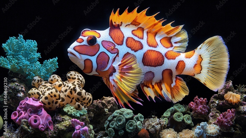 Vibrant fish with orange, white, and red spots swimming near colorful coral reef on black background. Vibrant fish with orange, white, and red spots swimming near colorful coral reef on black background.