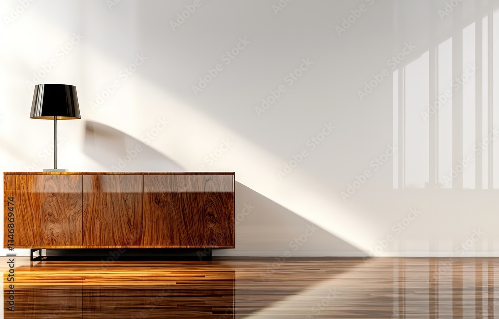 Fototapeta premium A sleek modern interior featuring a wooden sideboard with a lamp and a polished wooden floor, all set against a white wall The design radiates warmth and sophistication