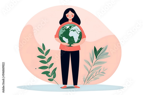 Illustration of smiling woman holding Earth surrounded by green plants,symbolizing environmental care,sustainability,eco-friendliness,global responsibility,,importance of protecting our planet photo