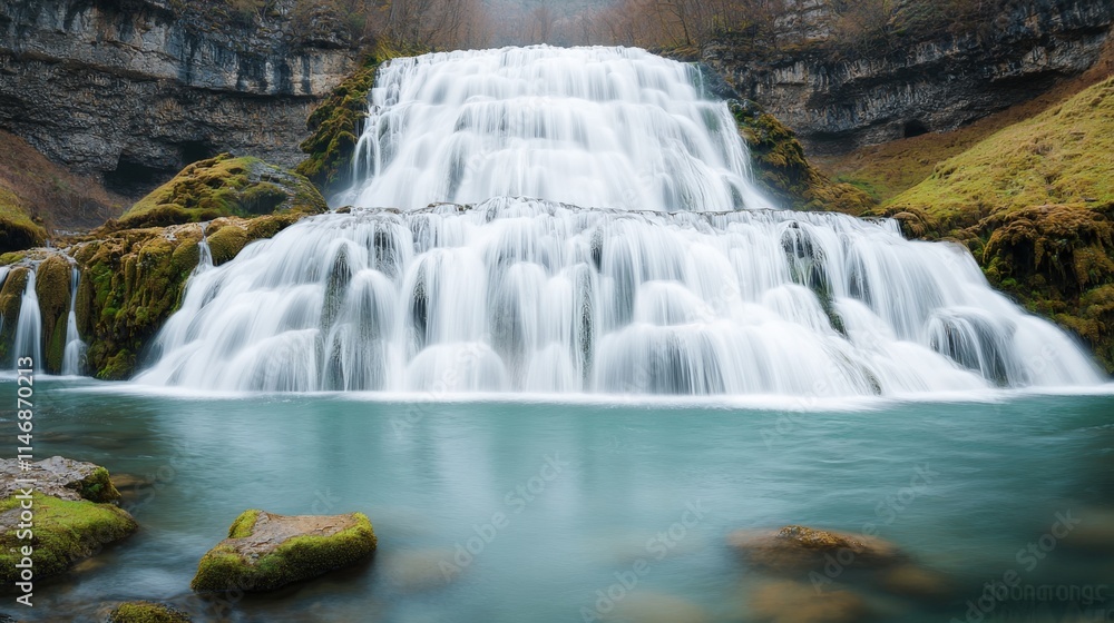 Obraz premium Serene ambiance and relaxing spiritual, A serene waterfall cascades over rocky tiers into a tranquil pool, surrounded by lush greenery and rugged cliffs, creating a picturesque natural landscape.