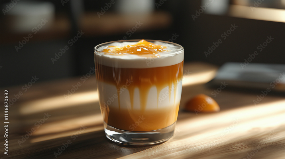 A delectable caramel macchiato showcasing layers of espresso, steamed milk, and a delicious caramel drizzle in a cozy café setting A delectable caramel macchiato showcasing layers of espresso, steamed milk, and a delicious caramel drizzle in a cozy café setting