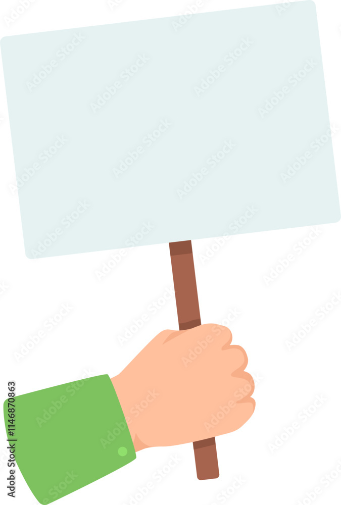 Hand firmly grasping a blank placard with a wooden stick, ready for protest, announcement, or advertisement, isolated on a white background Hand firmly grasping a blank placard with a wooden stick, ready for protest, announcement, or advertisement, isolated on a white background