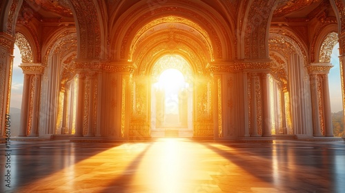 Wallpaper Mural Sunlit grand hall with arches, columns, and golden details. Torontodigital.ca