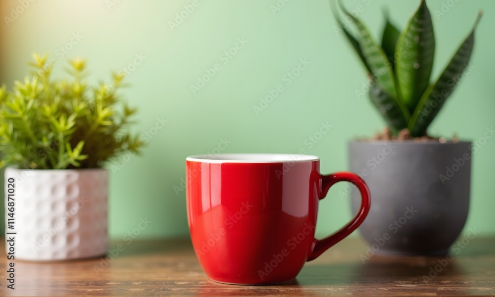 Fototapeta premium Red Mug, Plants, and Serene Morning