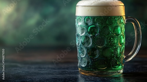 Refreshing green beer mug with foam in a dimly lit pub setting photo