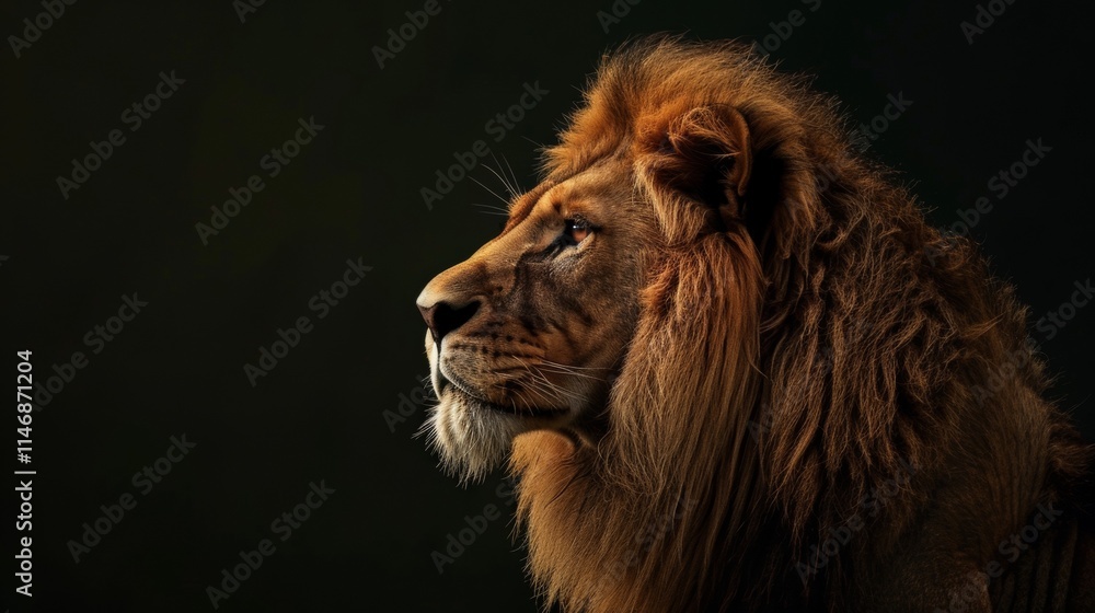 Naklejka premium Portrait of a majestic lion with a thick mane in the wild, capturing the strength and beauty of nature in its natural habitat