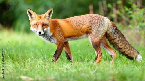 Wallpaper Mural Red fox standing in lush green forest meadow surrounded by tall grass and vibrant trees, natural wildlife habitat in a peaceful woodland setting Torontodigital.ca