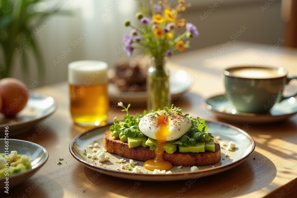 Start Your Day Right with a Delicious Breakfast of Avocado Toast, Poached Egg, and Fresh Coffee in a Cozy, Inviting Setting. Start Your Day Right with a Delicious Breakfast of Avocado Toast, Poached Egg, and Fresh Coffee in a Cozy, Inviting Setting.