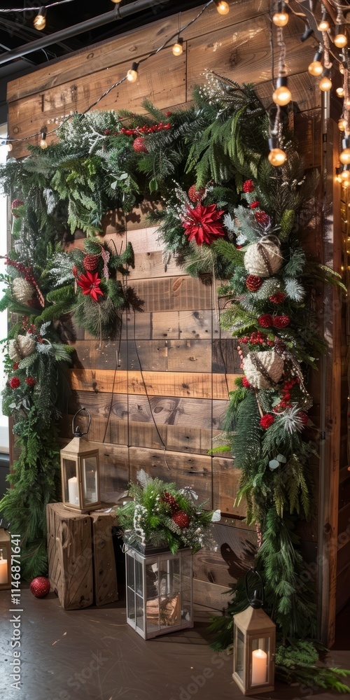 Festive rustic Christmas decor with garland, lanterns, pine cones, red flowers, and string lights in a cozy wooden setting. Festive rustic Christmas decor with garland, lanterns, pine cones, red flowers, and string lights in a cozy wooden setting.
