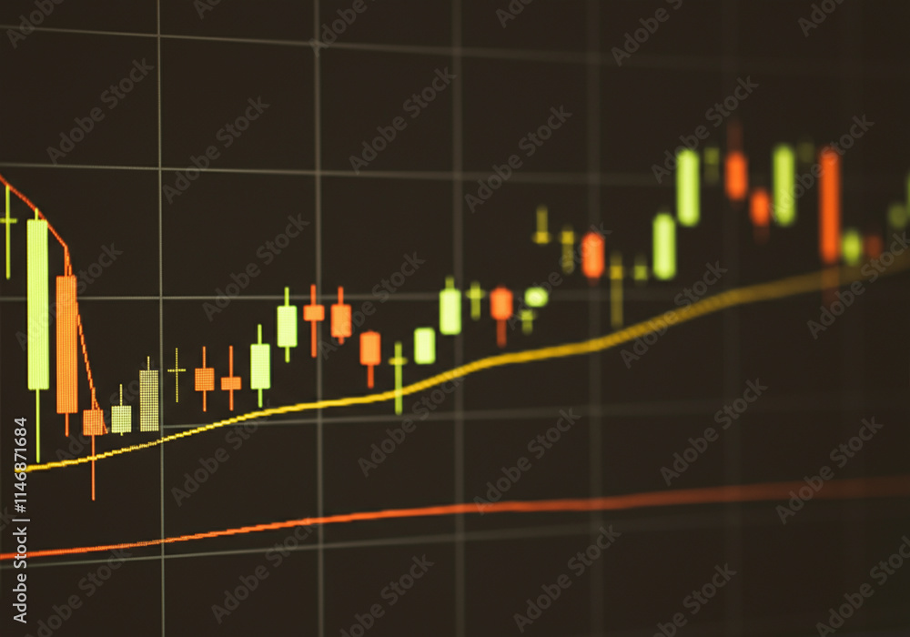 Financial candlestick chart with green and red indicators on a dark background Financial candlestick chart with green and red indicators on a dark background