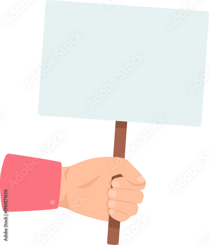 Close up of a hand gripping a wooden handle of a blank white protest sign, offering generous copy space for conveying messages or designs related to activism and social justice