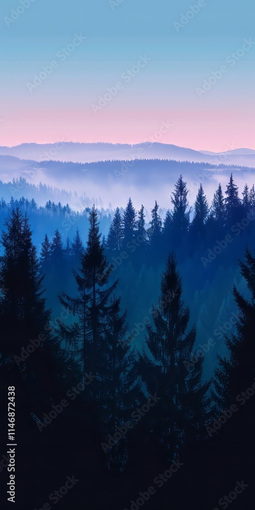 Obraz premium Silhouetted forest skyline against the glow of twilight.