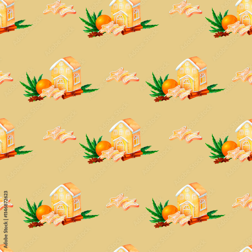 Obraz premium Gingerbread house with Christmas cookies, fir branches, festive greenery, and spices in a seamless watercolor pattern. Ideal for Christmas wrapping, cards, and joyful winter celebrations.