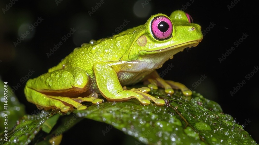 Fototapeta premium Close up of a pink-eyed tree frog on dewy leaf.