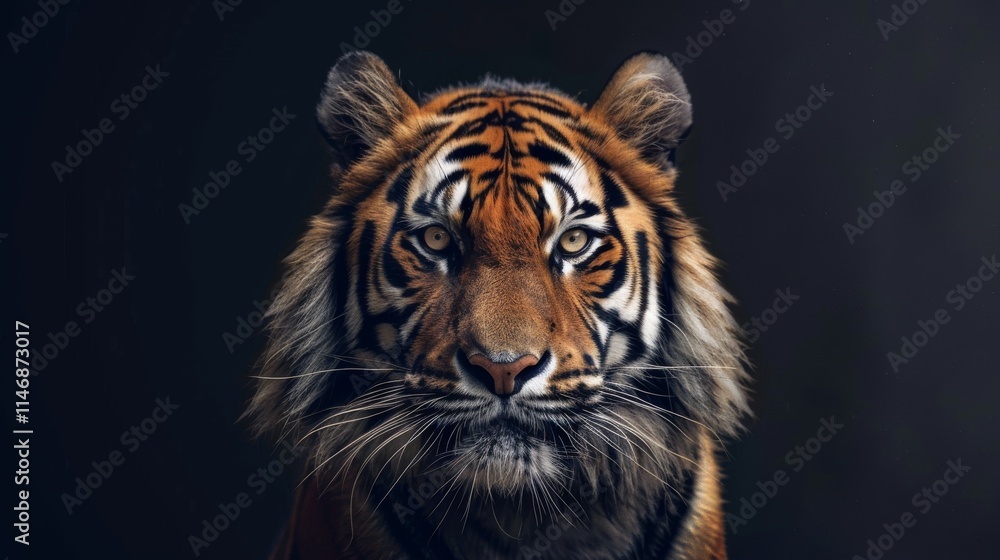 Fototapeta premium Close-up portrait of a majestic tiger with intense gaze and vibrant fur, showcasing its natural beauty in the wild, highlighting its powerful presence and intricate details of its stripes and features