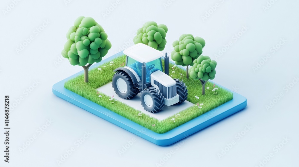 Tractor surrounded by stylized trees on a grassy patch in a minimalistic landscape design Tractor surrounded by stylized trees on a grassy patch in a minimalistic landscape design