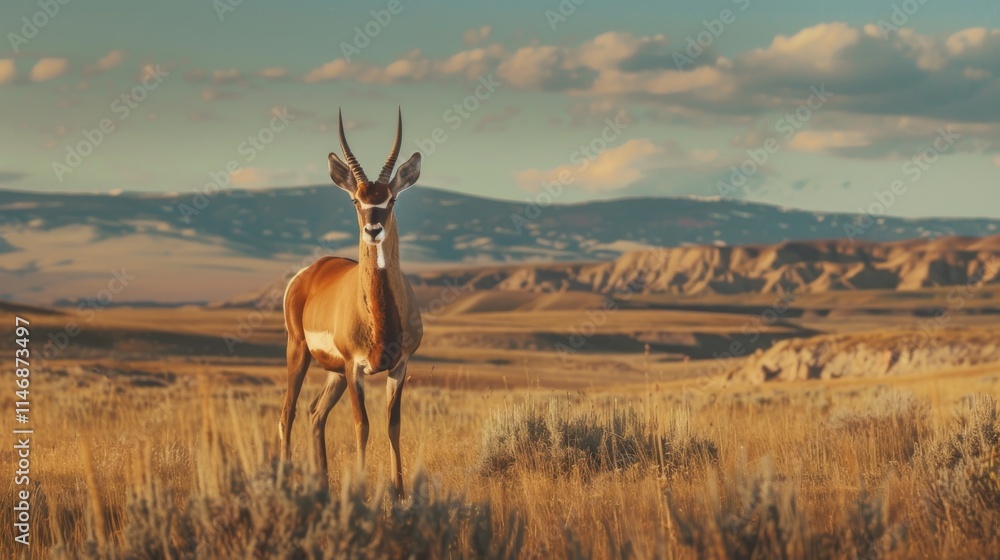 Obraz premium Red desert pronghorn antelope grazing in the wide-open plains of Wyoming, with a vibrant desert landscape in the background