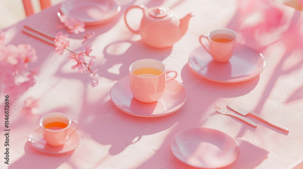 Elegant tea setting with pink teapots and cups surrounded by cherry blossom accents on a sunny afternoon Elegant tea setting with pink teapots and cups surrounded by cherry blossom accents on a sunny afternoon