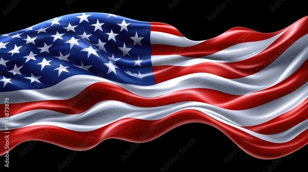 Obraz premium Waving American flag, red, white, blue stripes and stars on black background.