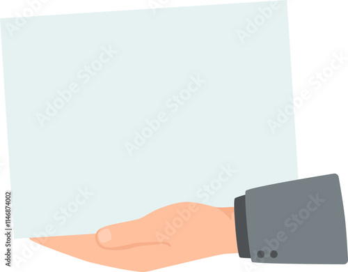 Businessman holding a blank vertical paper sheet, providing ample copy space for text or images. Vector illustration designed in a clean, flat style for versatile use