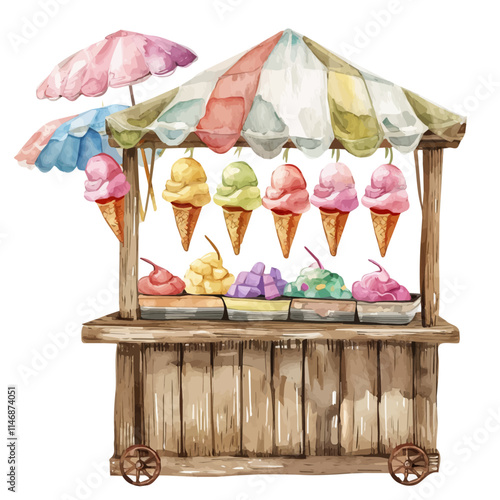 A watercolor vector of a beachside ice cream stand with colorful cones, isolated on a white background. Beachside ice cream stand colorful cones vector.
