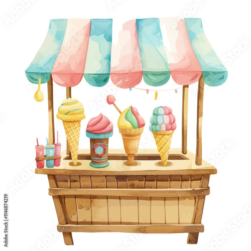 A watercolor vector of a beachside ice cream stand with colorful cones, isolated on a white background. Beachside ice cream stand colorful cones vector.
