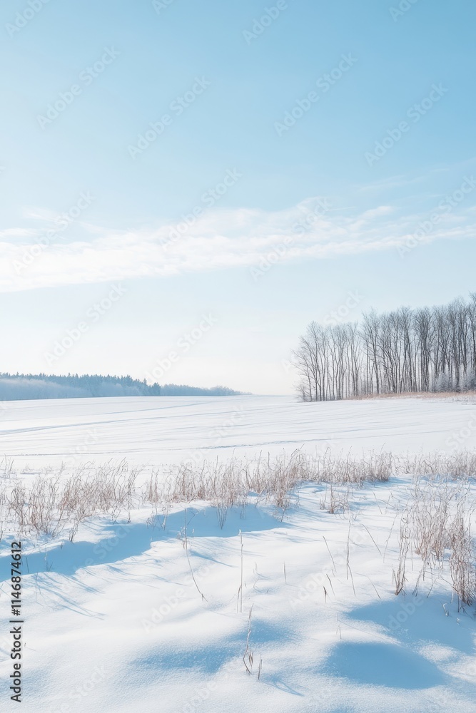 A tranquil winter scene featuring a snow-covered field and a line of bare trees against a clear blue sky. A tranquil winter scene featuring a snow-covered field and a line of bare trees against a clear blue sky.
