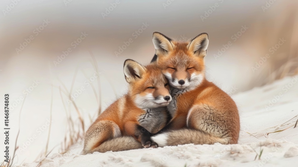 Obraz premium Wild baby red foxes cuddling together on a snowy winter beach with ocean waves in the background, captured in a serene natural setting