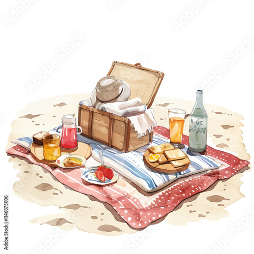 A watercolor vector of a beachside picnic setup with blankets and snacks, isolated on a white background. Beachside picnic setup blankets snacks vector.
