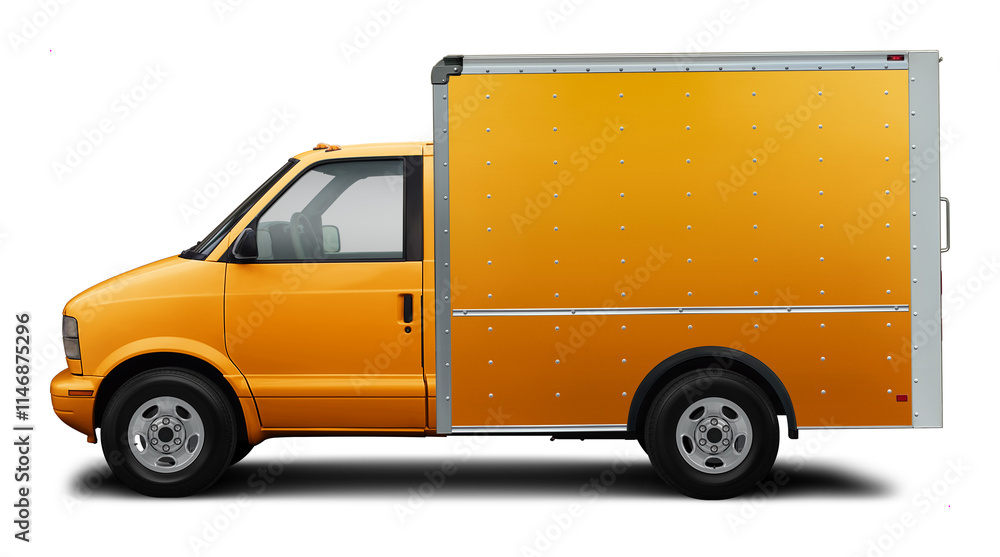 Classic compact American delivery truck side view all yellow. In PNG format on a transparent background. Classic compact American delivery truck side view all yellow. In PNG format on a transparent background.